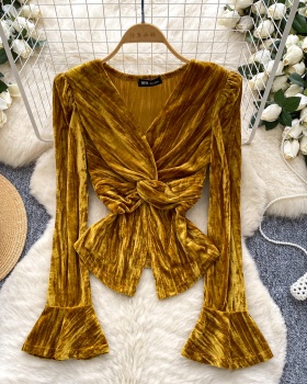 Cross split velvet tops trumpet sleeves retro shirt