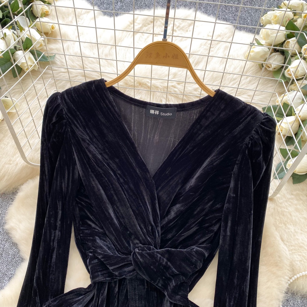 Cross split velvet tops trumpet sleeves retro shirt