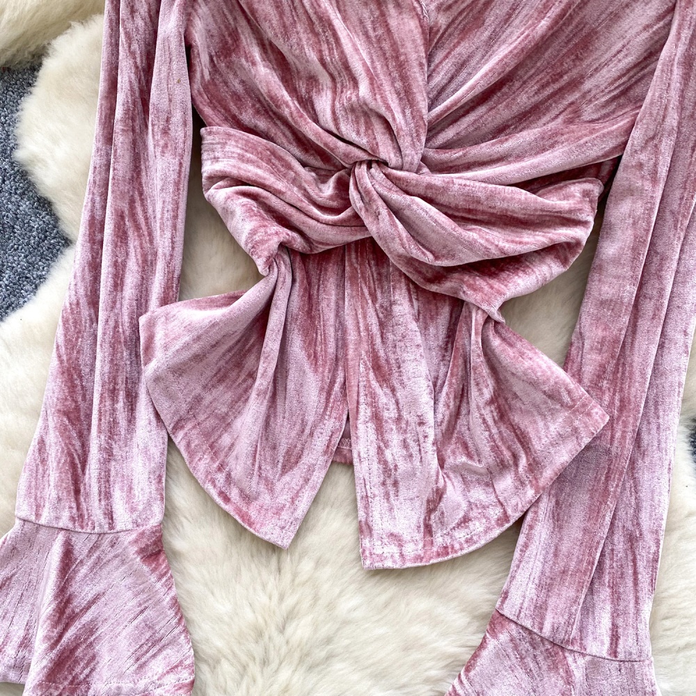 Cross split velvet tops trumpet sleeves retro shirt