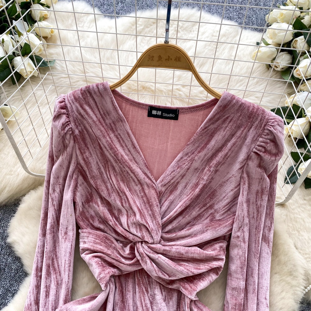 Cross split velvet tops trumpet sleeves retro shirt