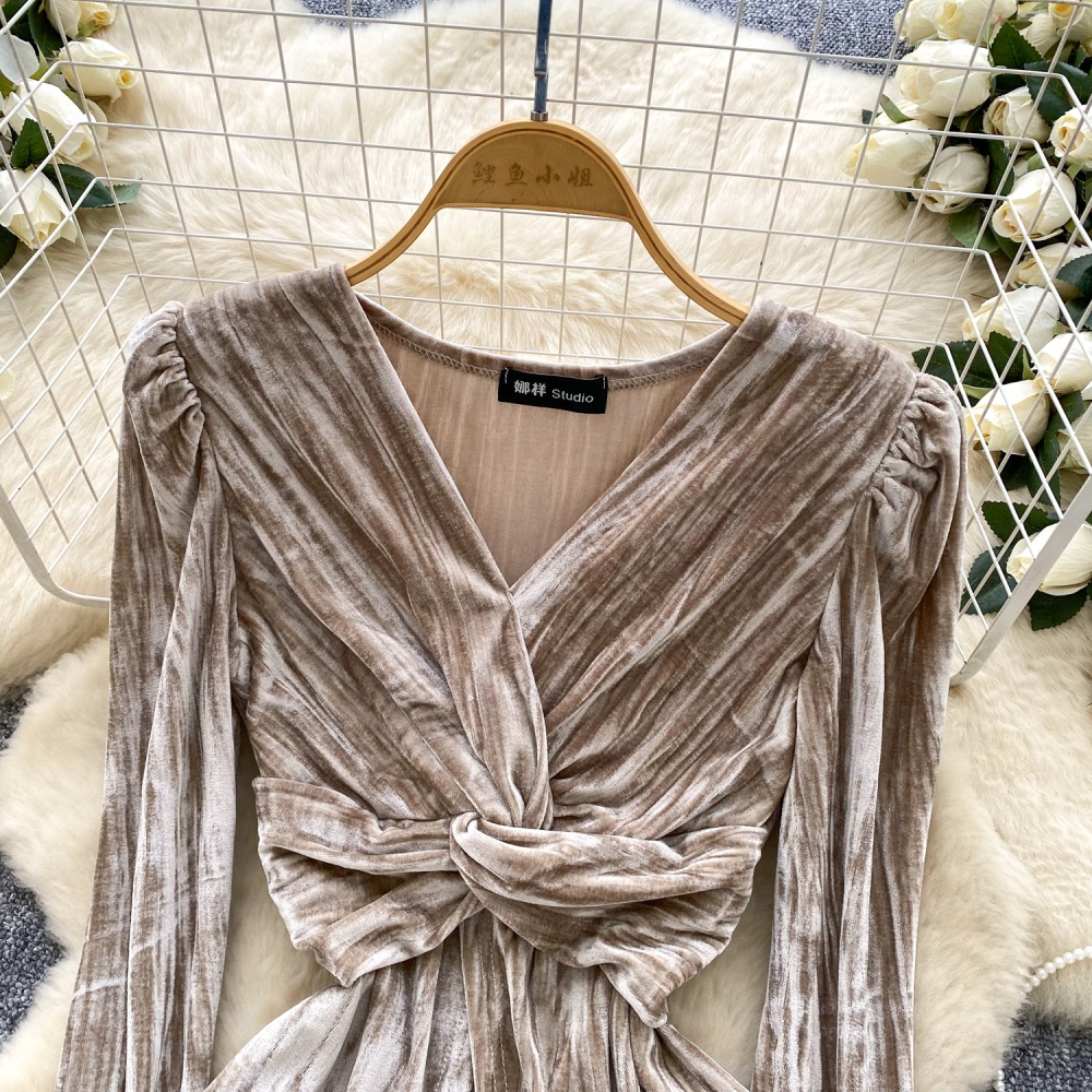 Cross split velvet tops trumpet sleeves retro shirt