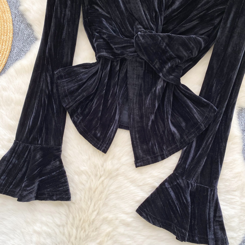 Cross split velvet tops trumpet sleeves retro shirt