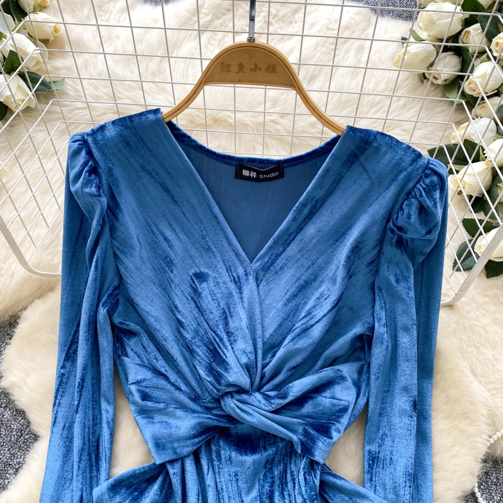 Cross split velvet tops trumpet sleeves retro shirt