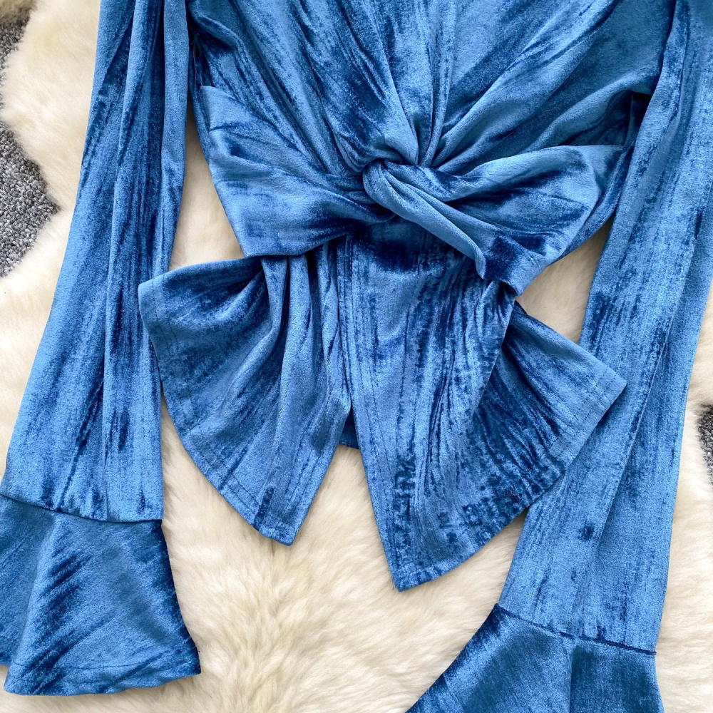 Cross split velvet tops trumpet sleeves retro shirt