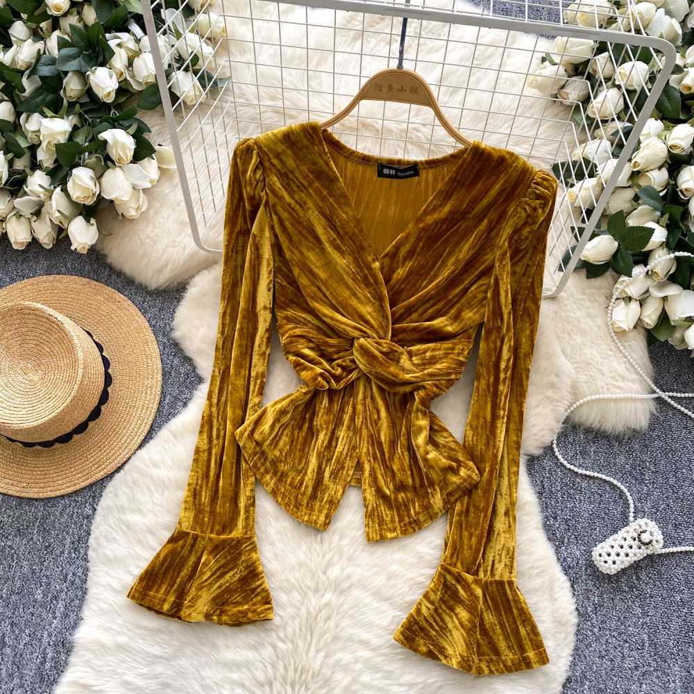 Cross split velvet tops trumpet sleeves retro shirt