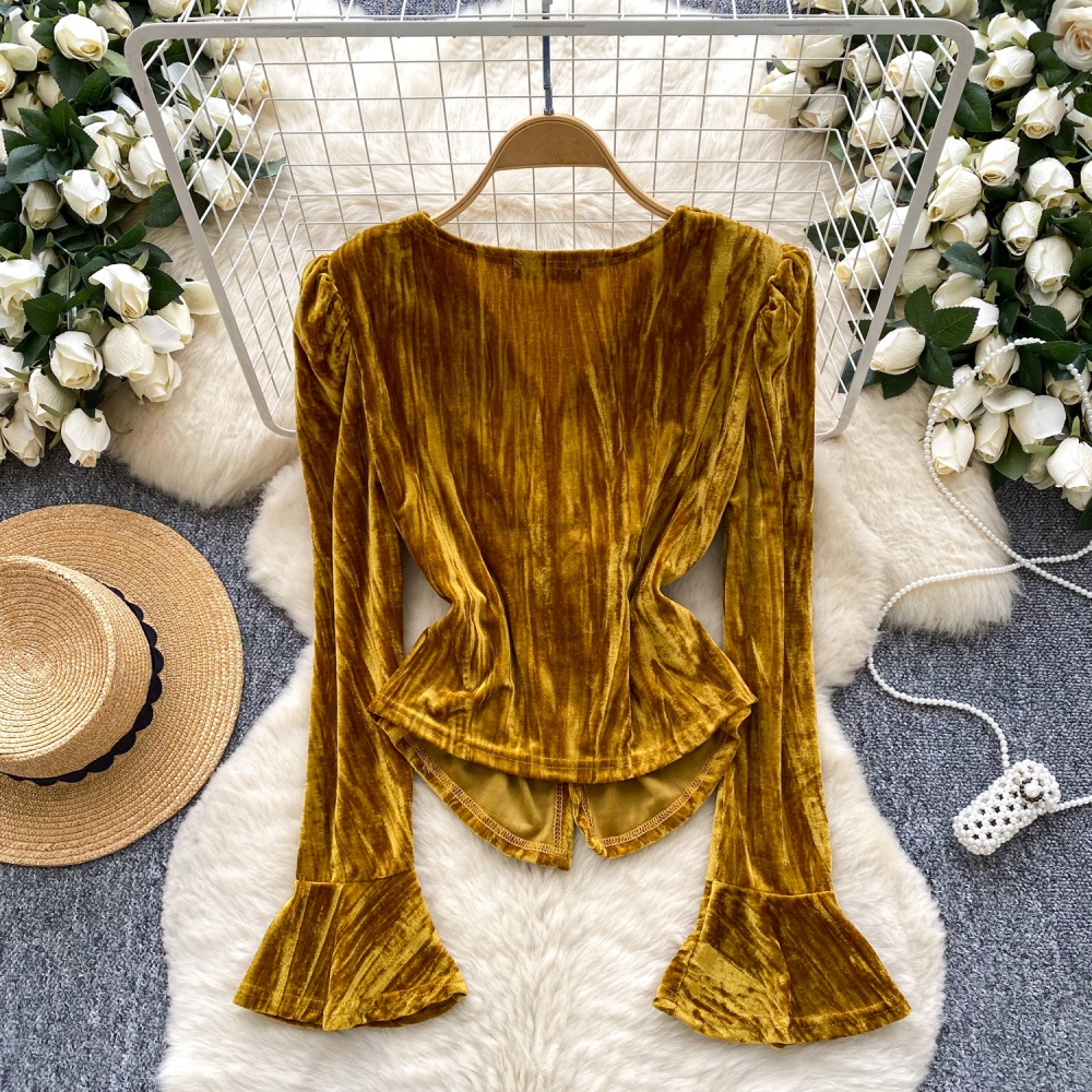 Cross split velvet tops trumpet sleeves retro shirt