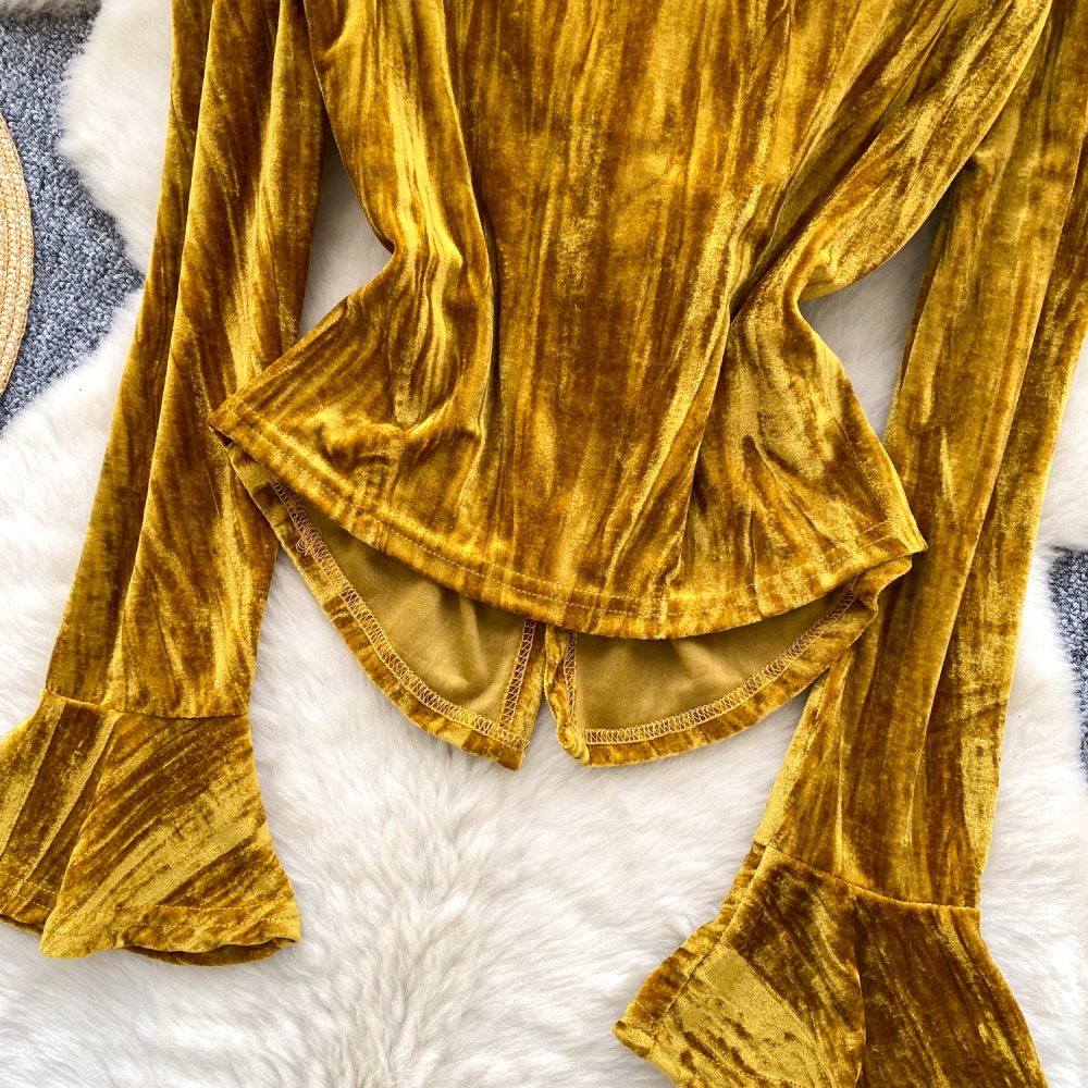 Cross split velvet tops trumpet sleeves retro shirt