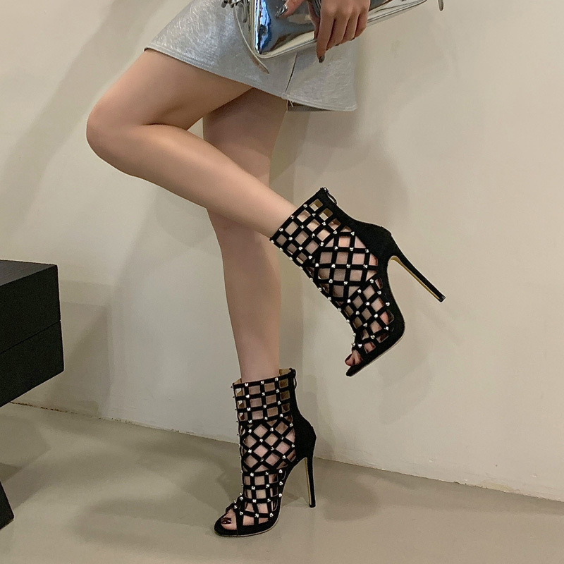 Hollow black sandals open toe short boots for women