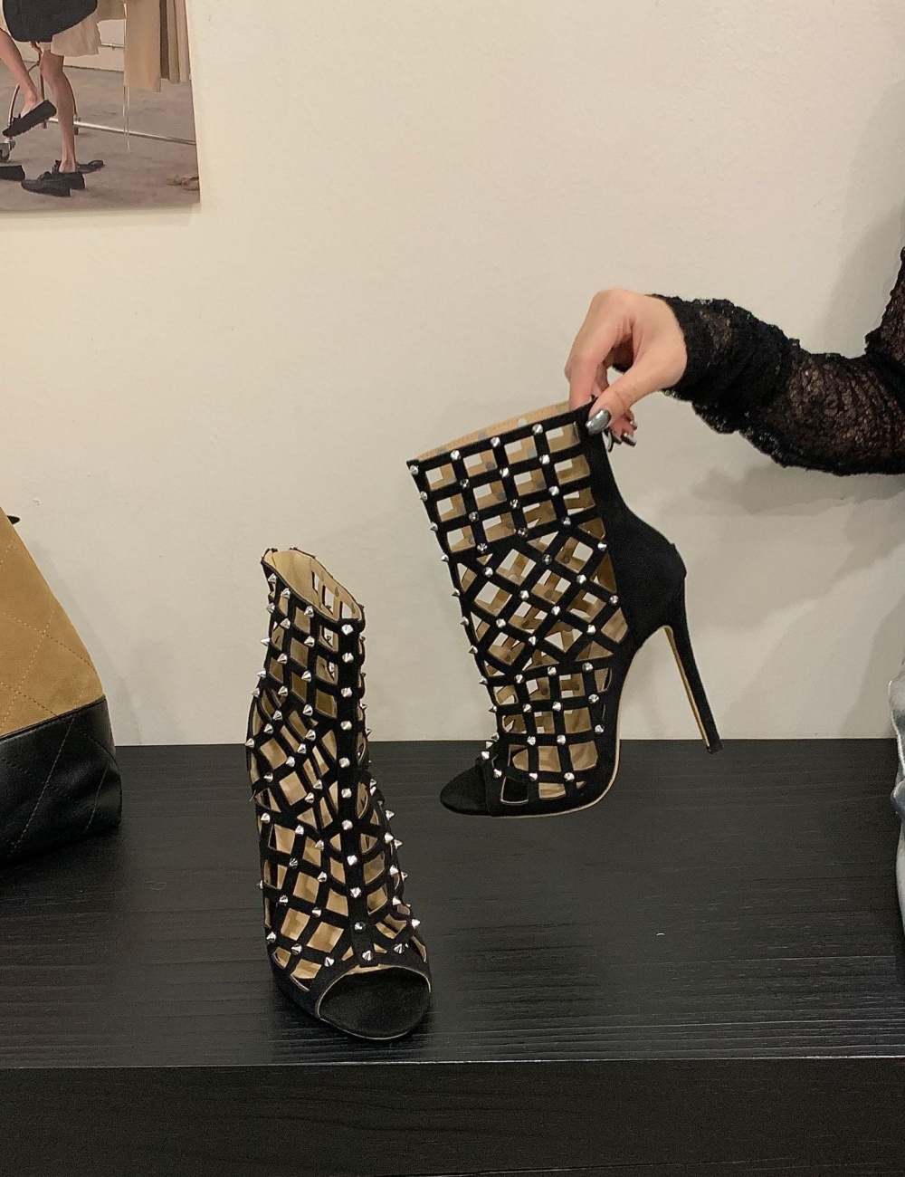 Hollow black sandals open toe short boots for women