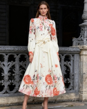 Flowers long belt puff sleeve dress for women