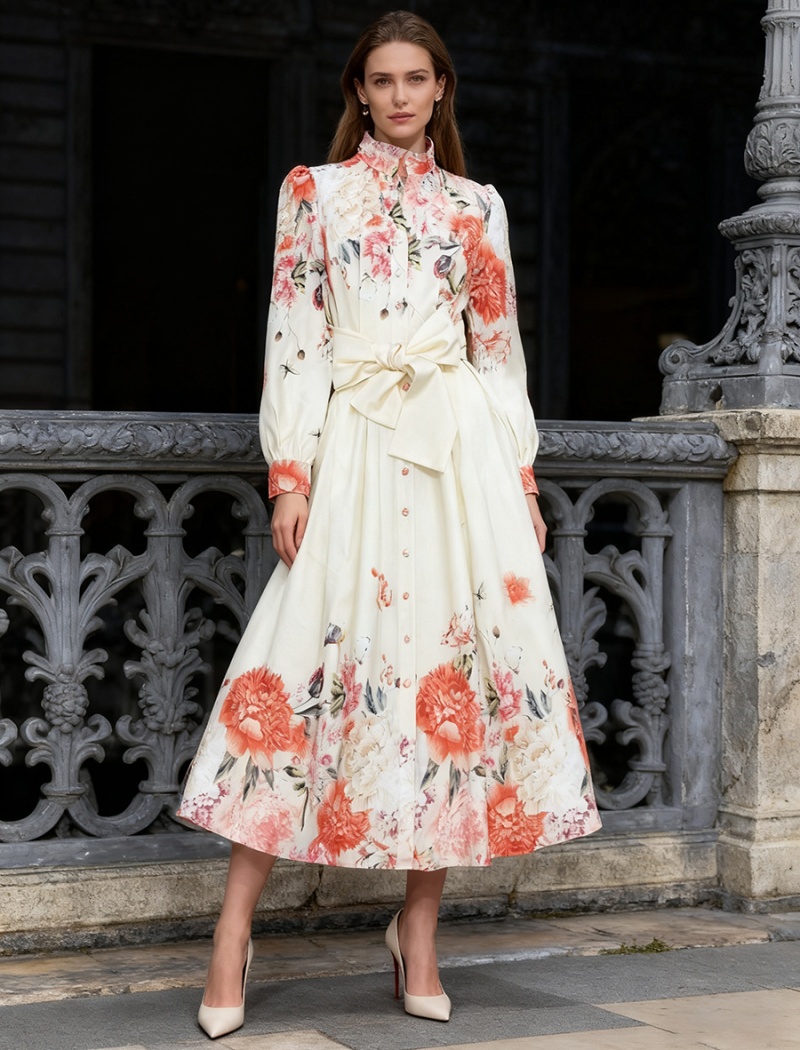 Flowers long belt puff sleeve dress for women