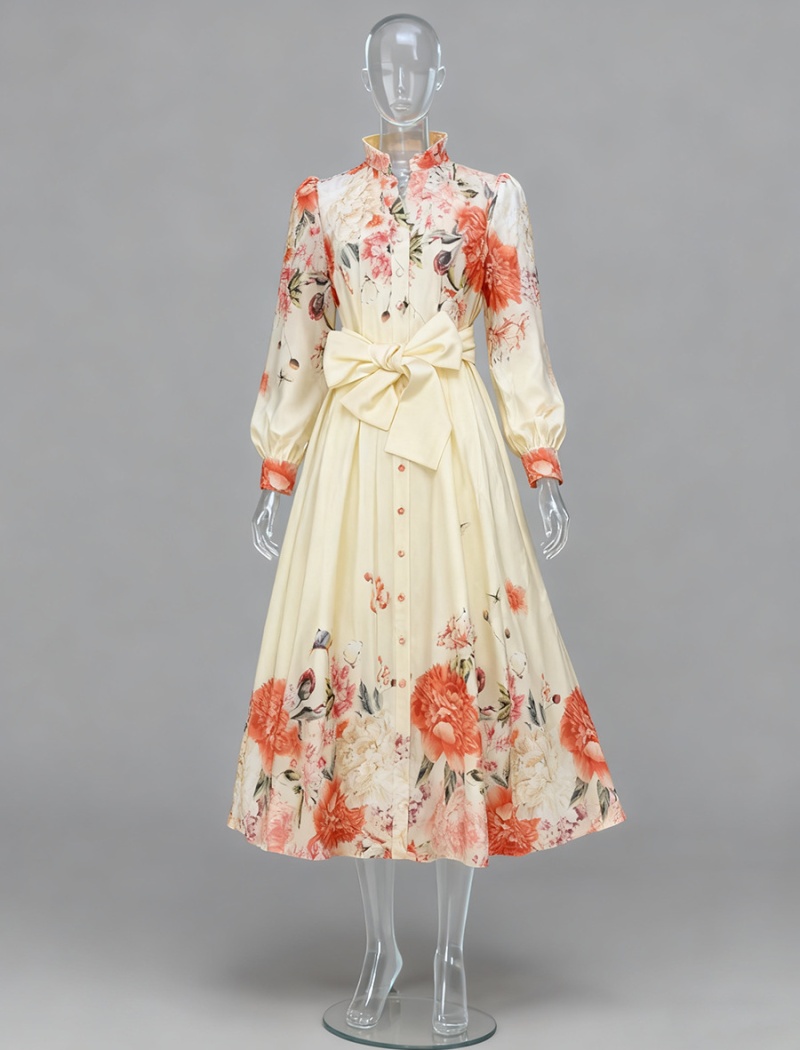 Flowers long belt puff sleeve dress for women