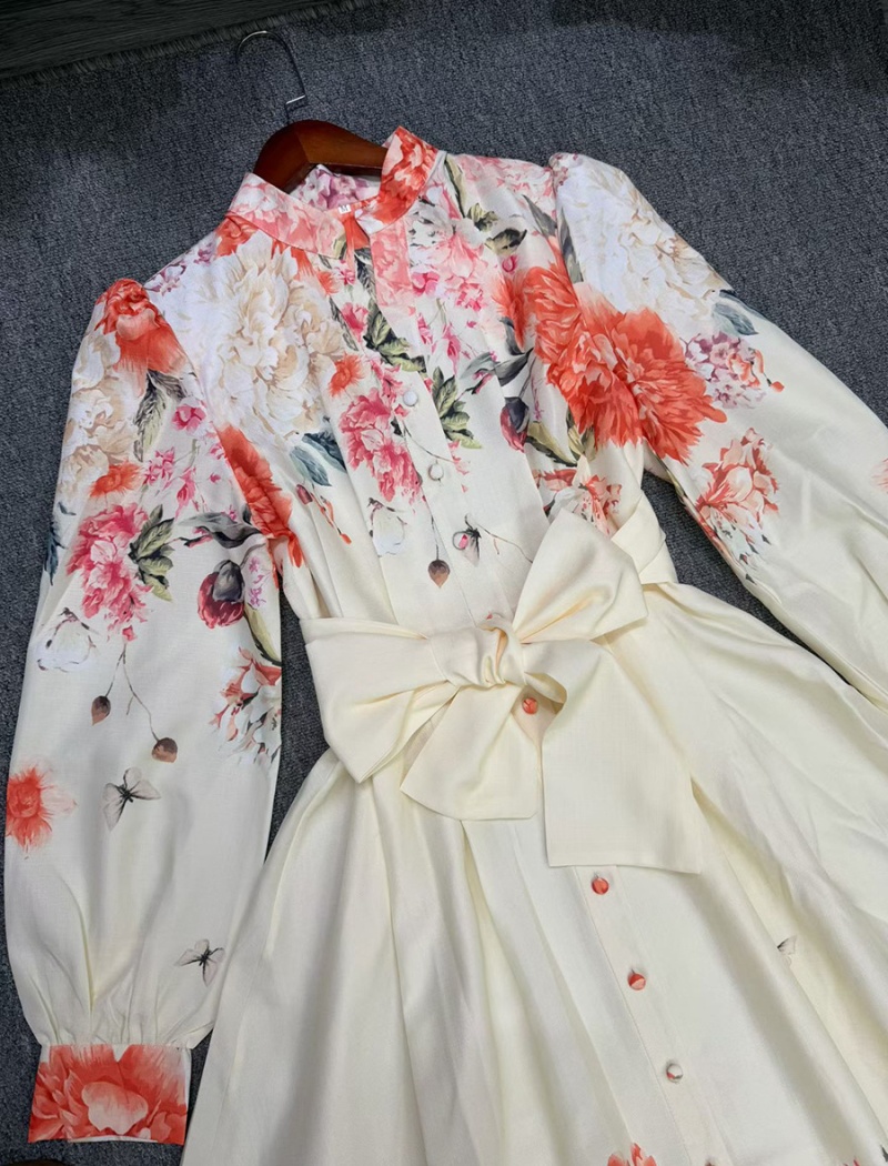 Flowers long belt puff sleeve dress for women