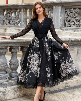 Lace autumn and winter retro big skirt dress for women