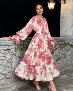 Beading Bohemian style autumn and winter lotus sleeve dress