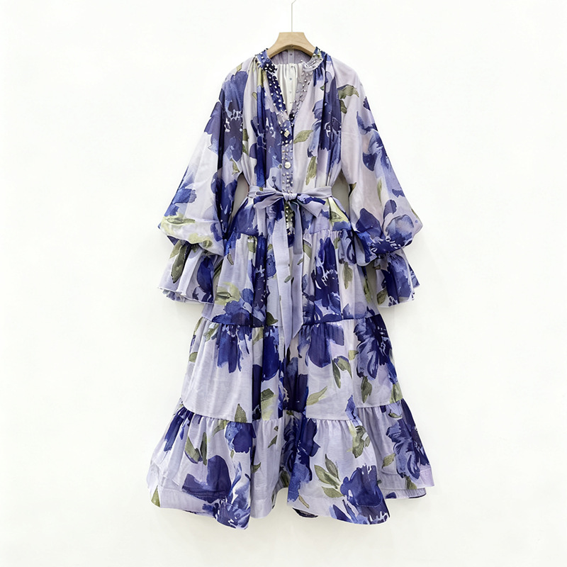 Beading Bohemian style autumn and winter lotus sleeve dress