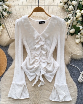 Fashion retro splice tops irregular slim trumpet sleeves shirt