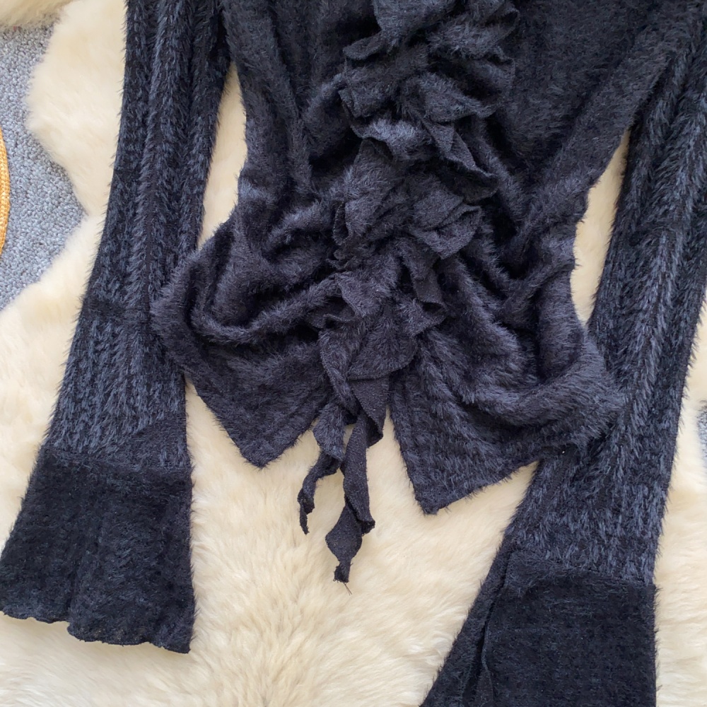 Fashion retro splice tops irregular slim trumpet sleeves shirt