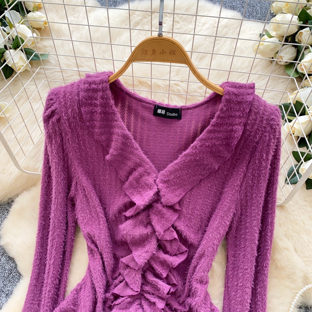 Fashion retro splice tops irregular slim trumpet sleeves shirt