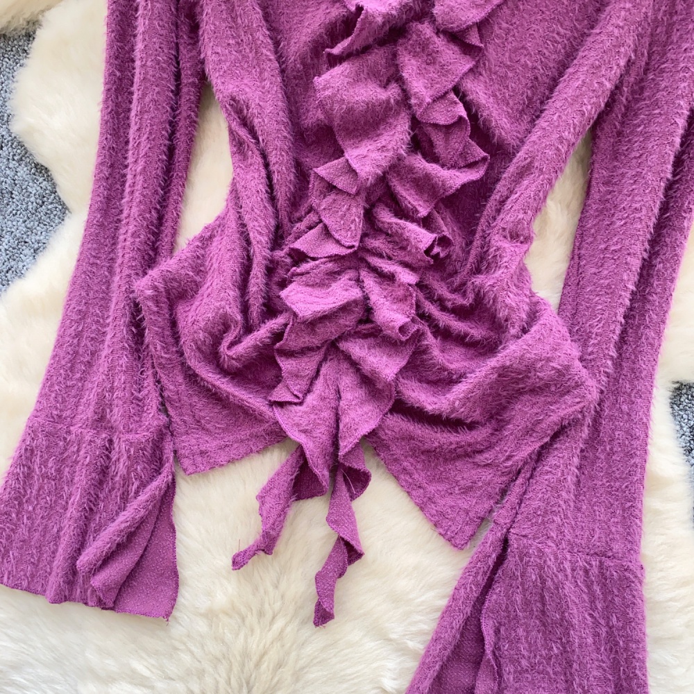 Fashion retro splice tops irregular slim trumpet sleeves shirt