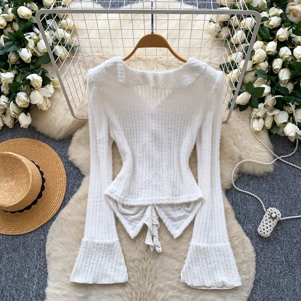 Fashion retro splice tops irregular slim trumpet sleeves shirt