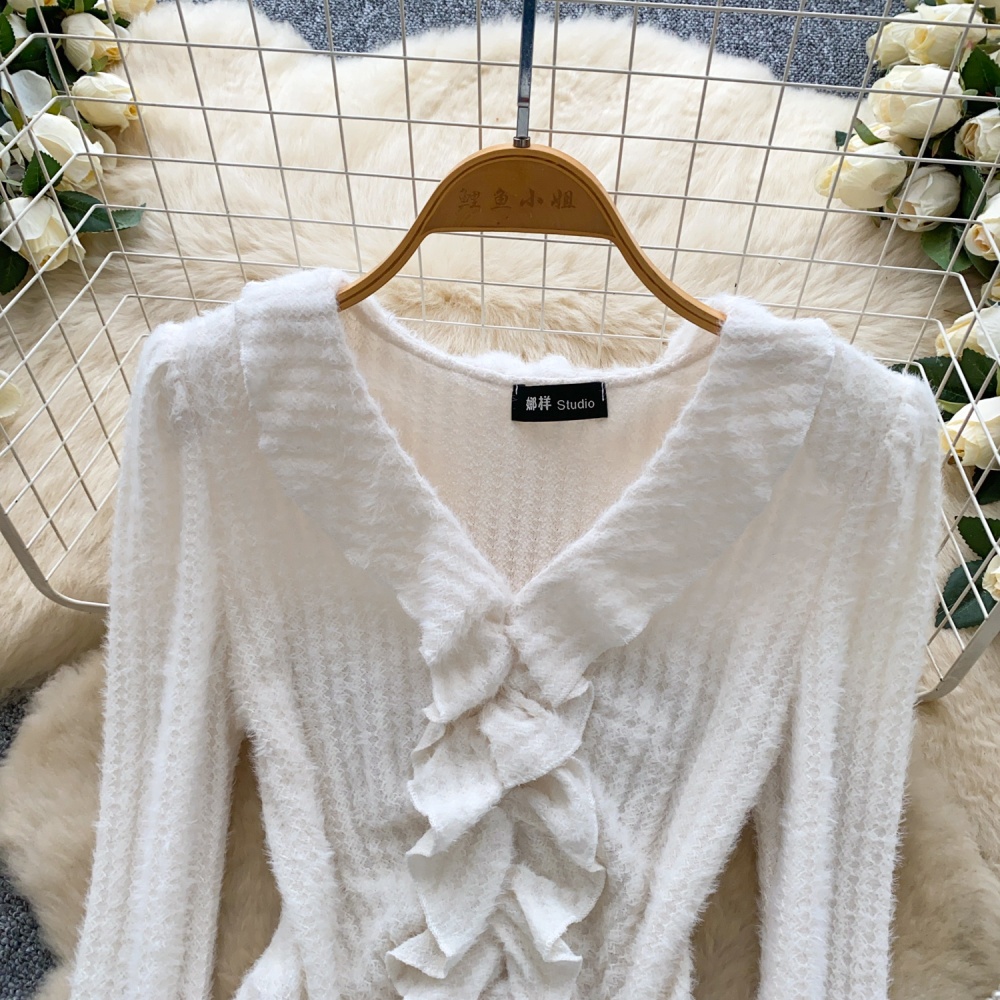 Fashion retro splice tops irregular slim trumpet sleeves shirt