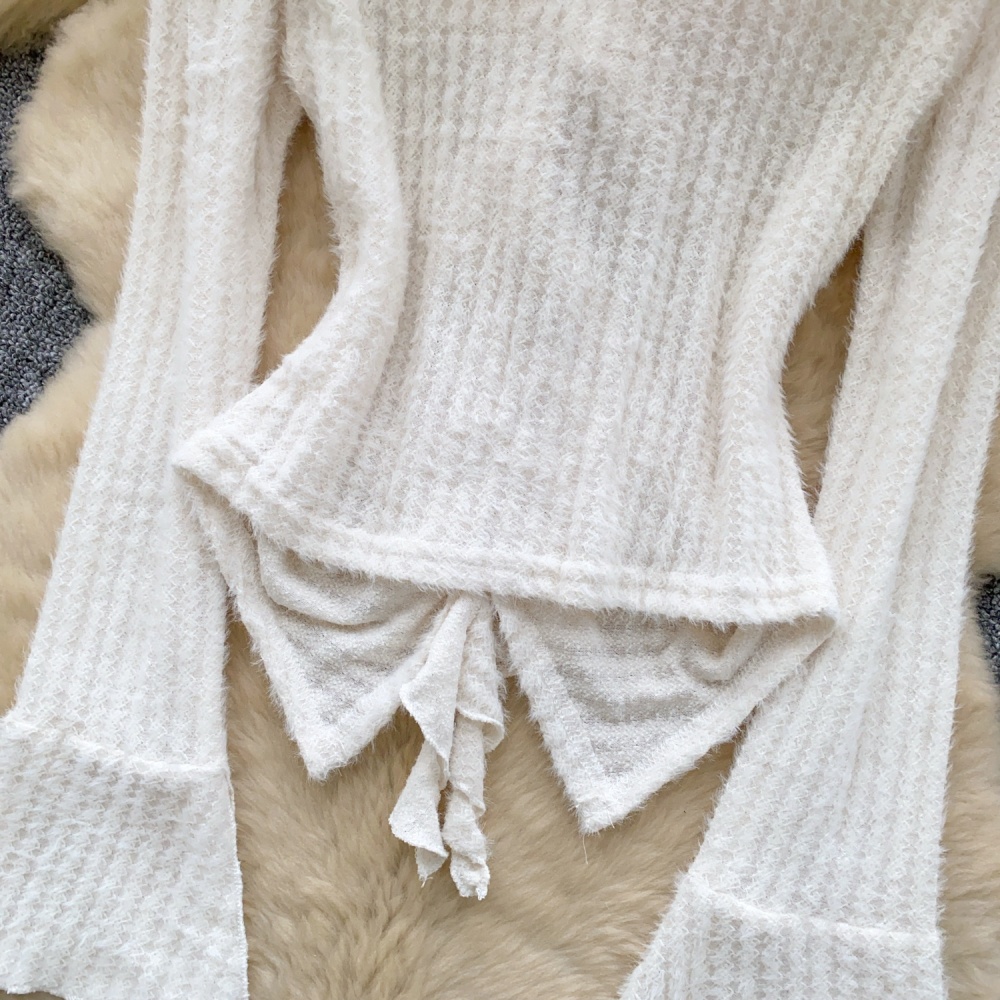 Fashion retro splice tops irregular slim trumpet sleeves shirt