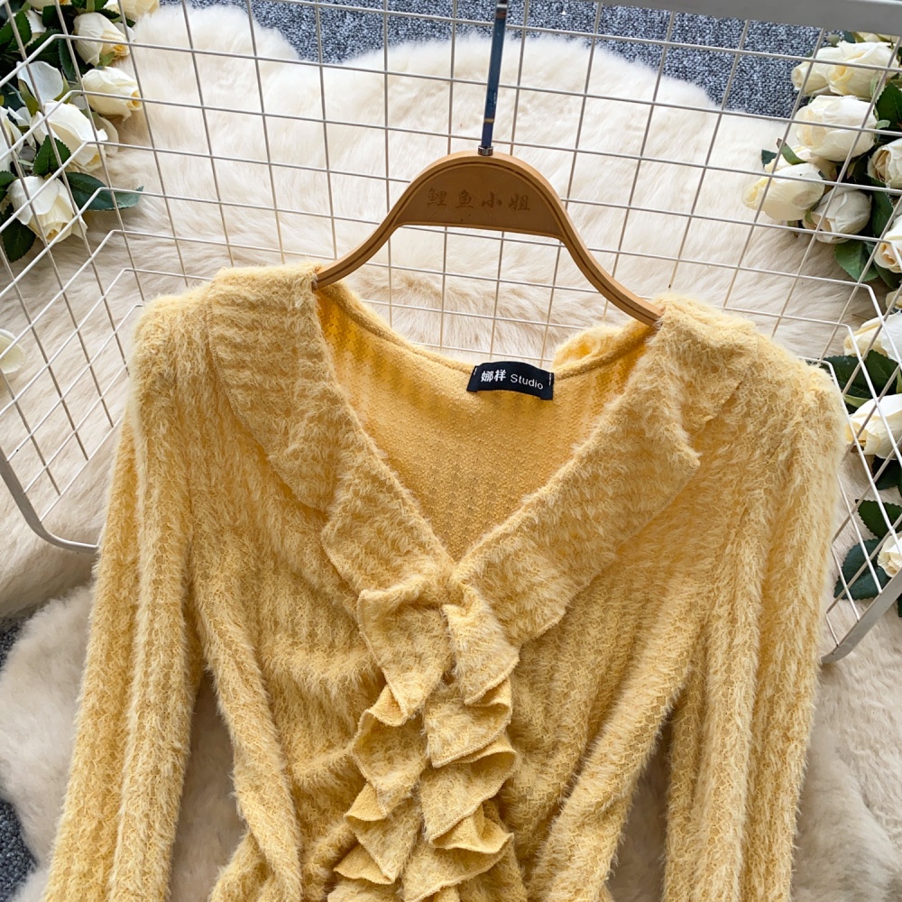 Fashion retro splice tops irregular slim trumpet sleeves shirt