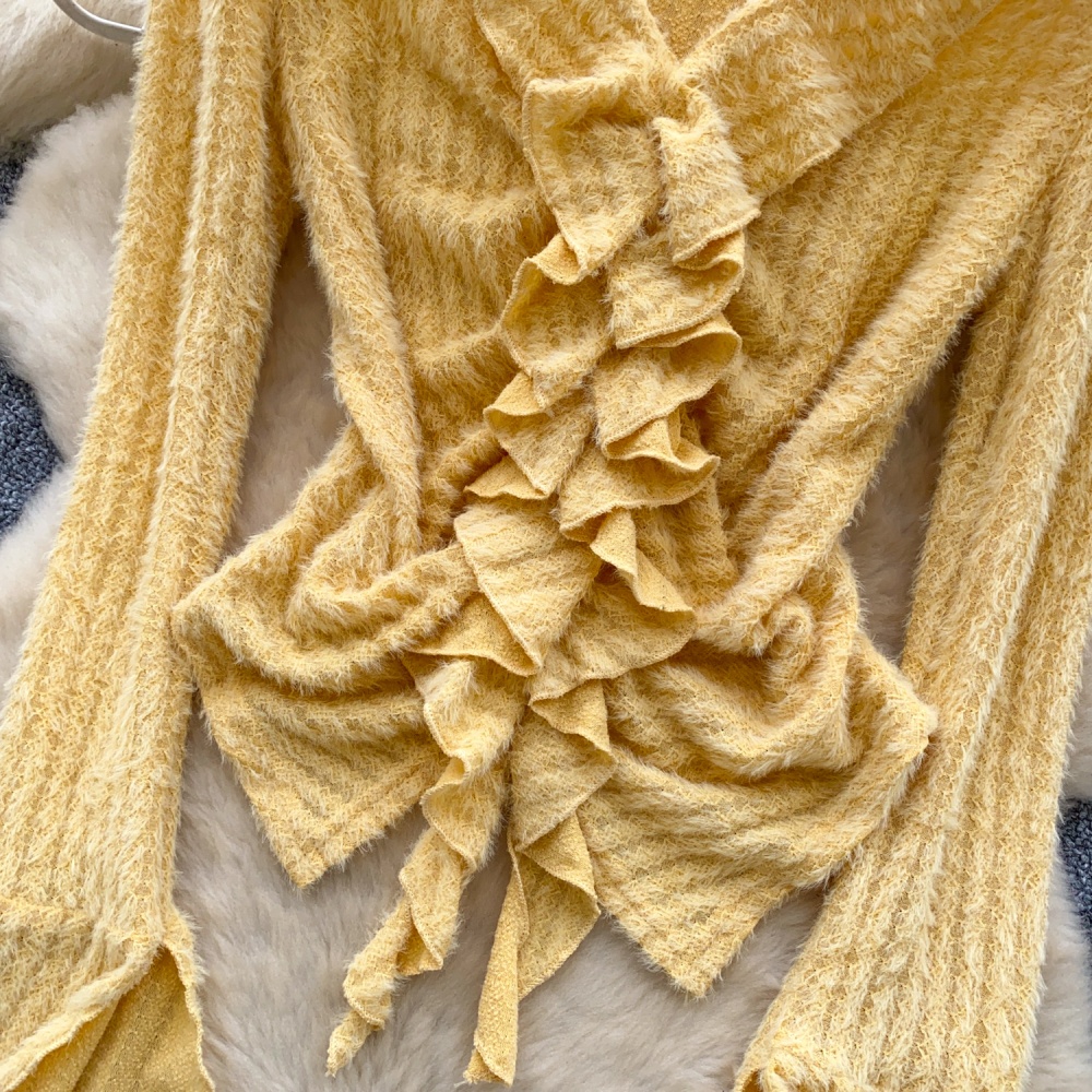 Fashion retro splice tops irregular slim trumpet sleeves shirt