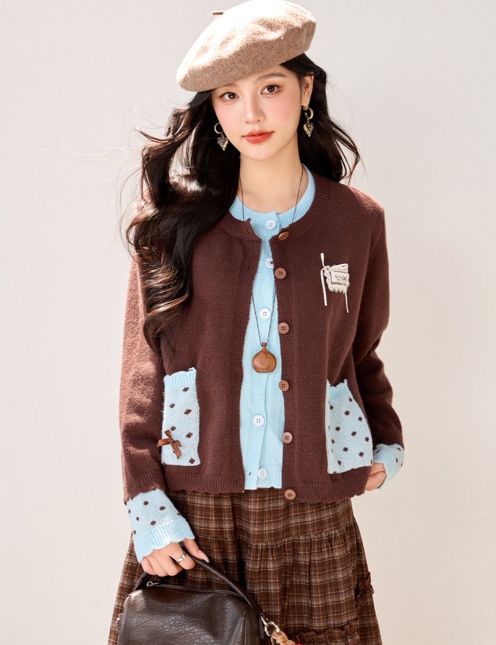 Shell buckle knitted cardigan polka dot sweater for women