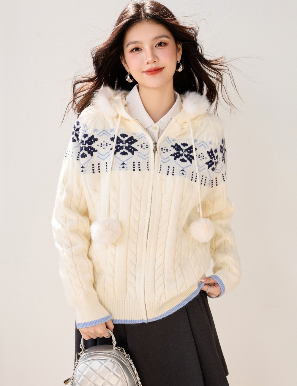 Hooded sweater knitted cardigan for women