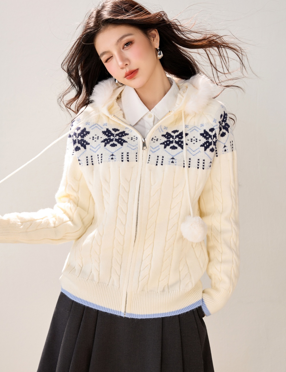 Hooded sweater knitted cardigan for women