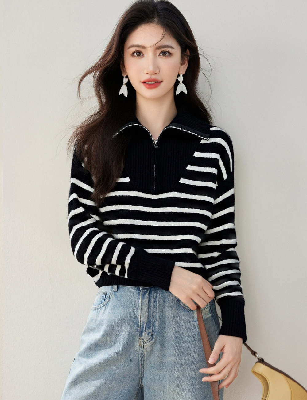 Loose Korean style cstand collar simple stripe sweater