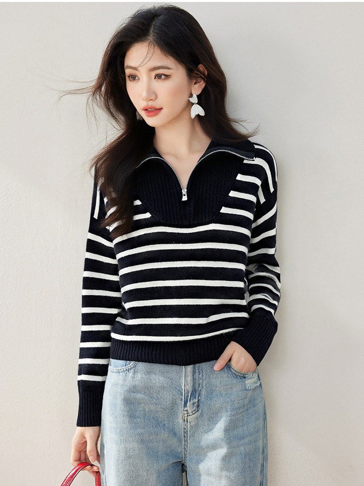 Loose Korean style cstand collar simple stripe sweater