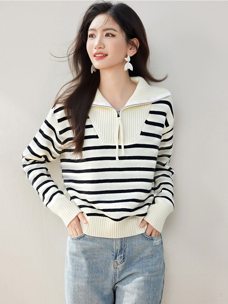 Loose Korean style cstand collar simple stripe sweater