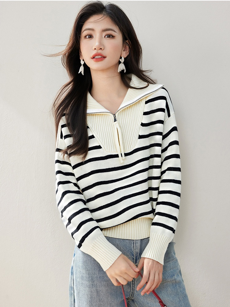 Loose Korean style cstand collar simple stripe sweater