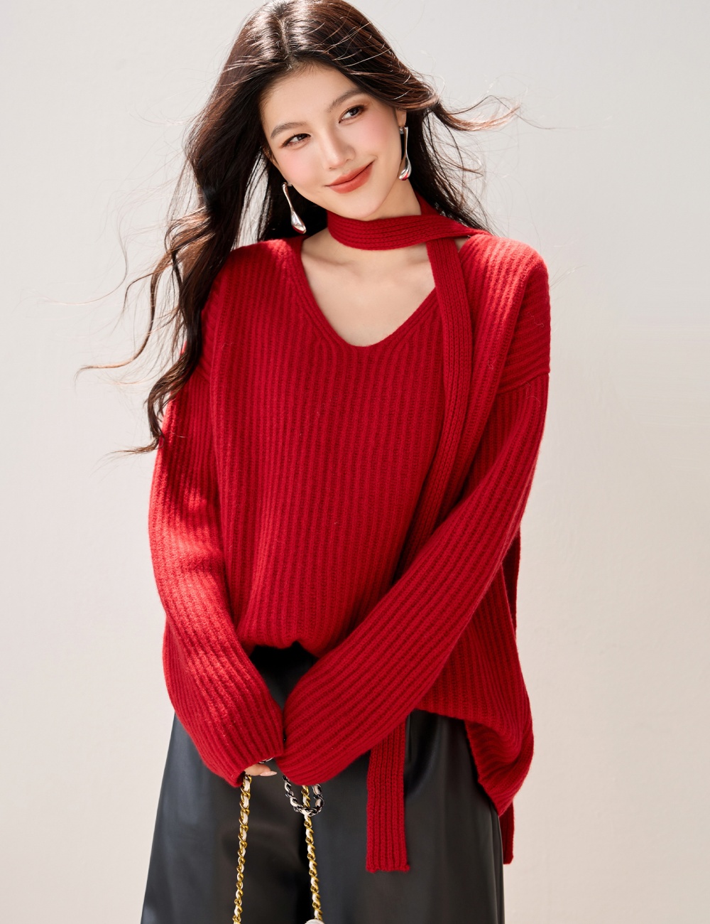 Loose long sleeve sweater V-neck lazy coat