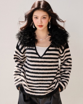 Splice fur collar tops all-match V-neck sweater