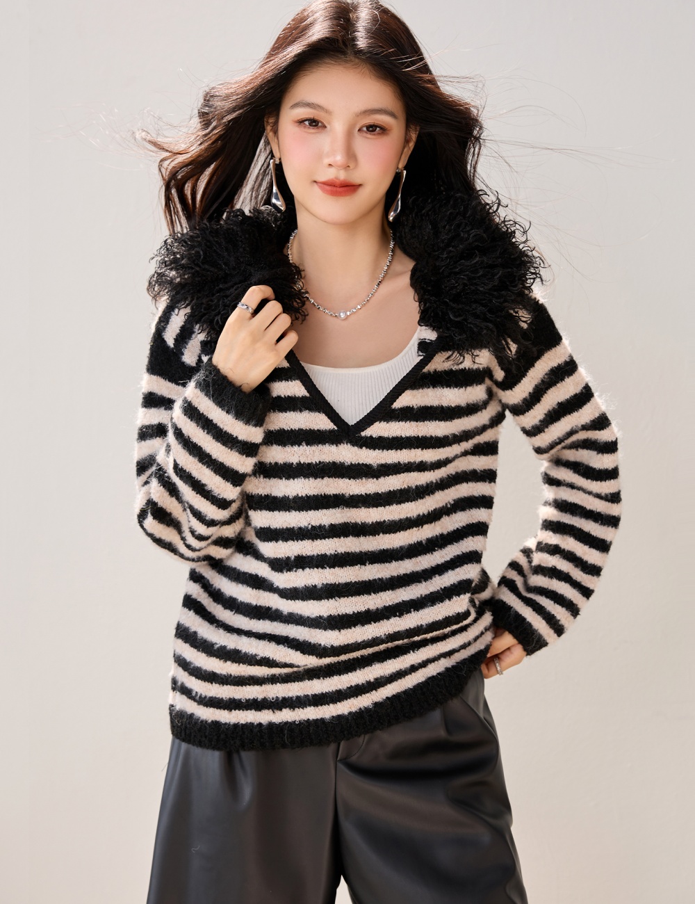Splice fur collar tops all-match V-neck sweater