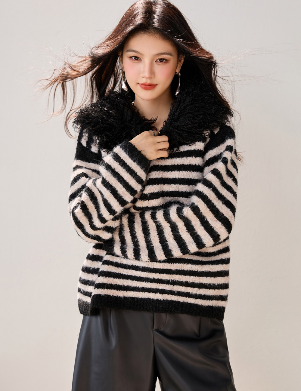 Splice fur collar tops all-match V-neck sweater