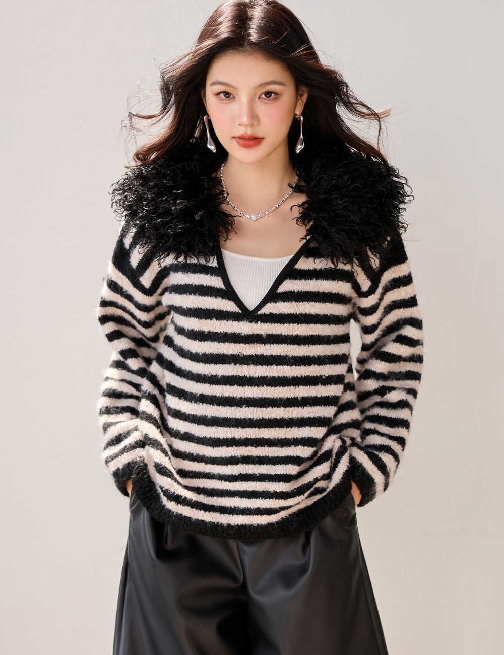 Splice fur collar tops all-match V-neck sweater