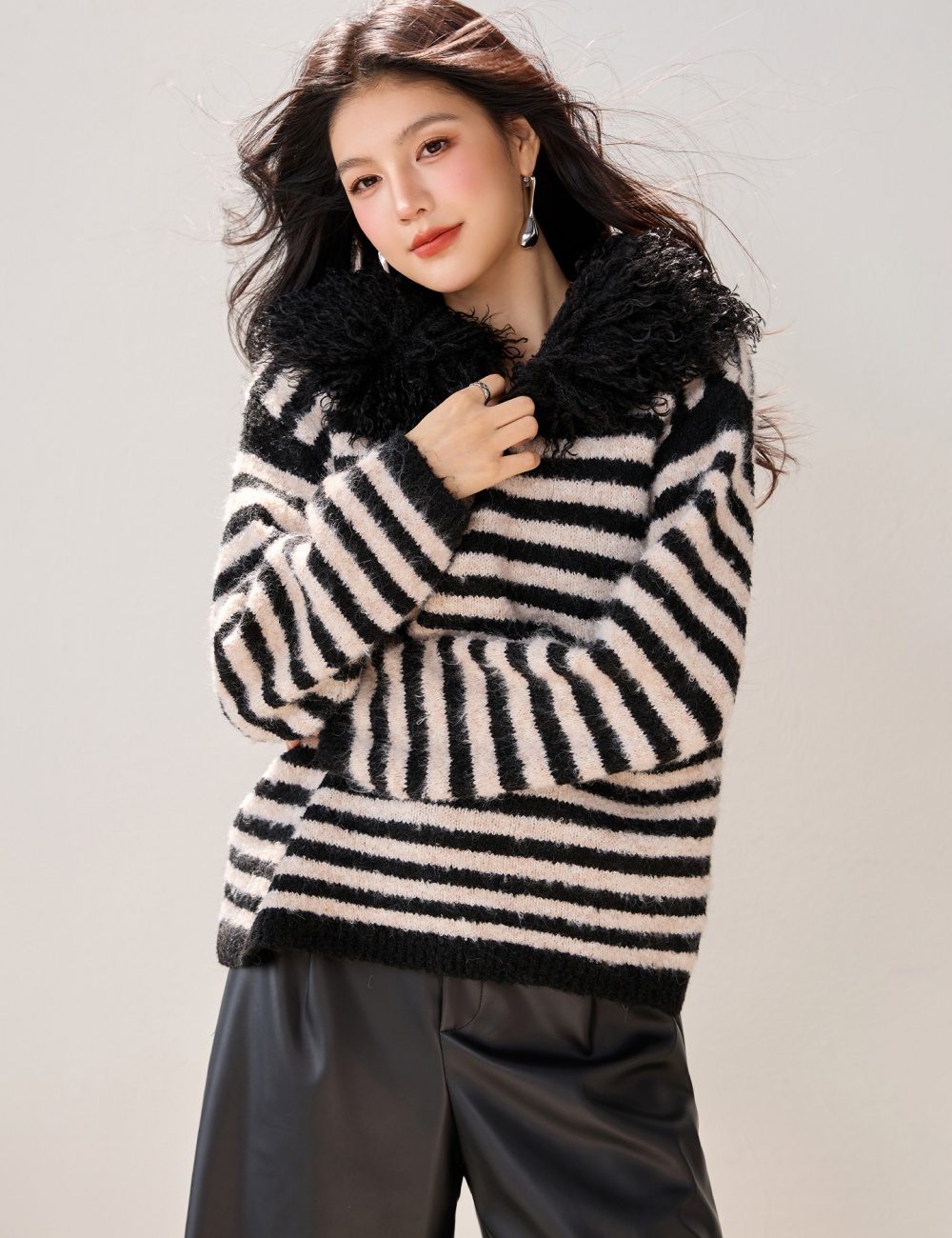 Splice fur collar tops all-match V-neck sweater