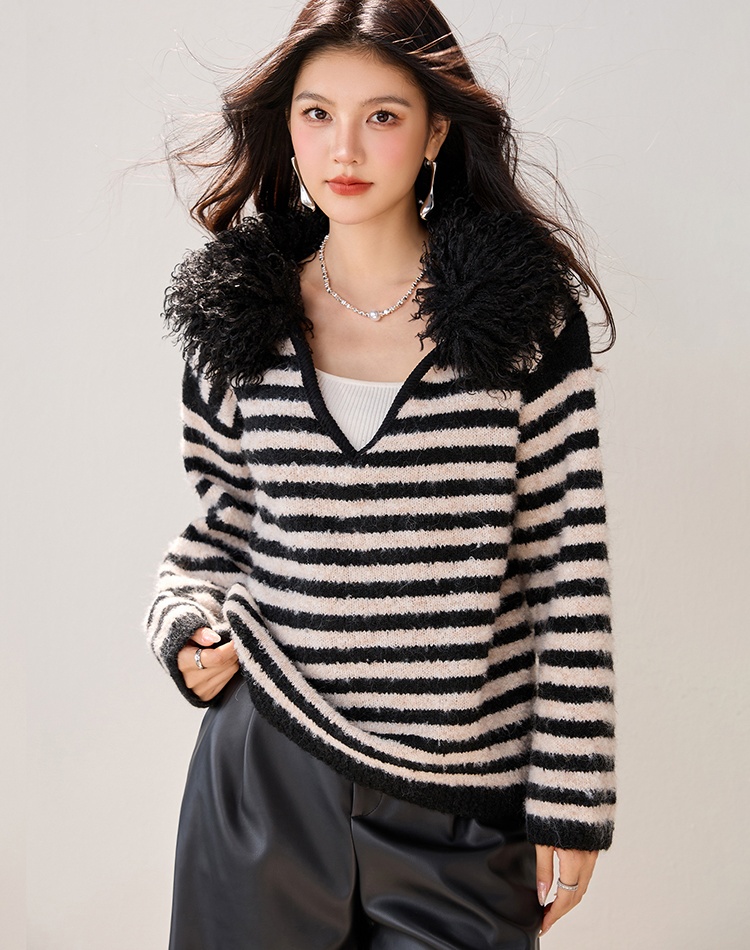 Splice fur collar tops all-match V-neck sweater