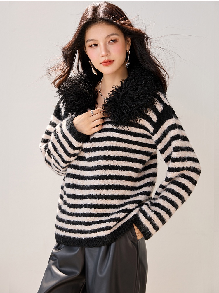 Splice fur collar tops all-match V-neck sweater