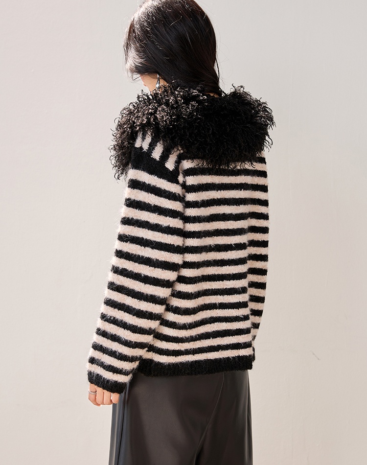 Splice fur collar tops all-match V-neck sweater