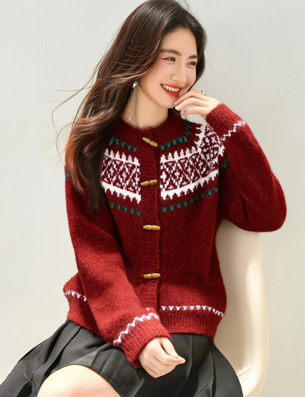 Winter slim christmas sweater horn buckle retro coat