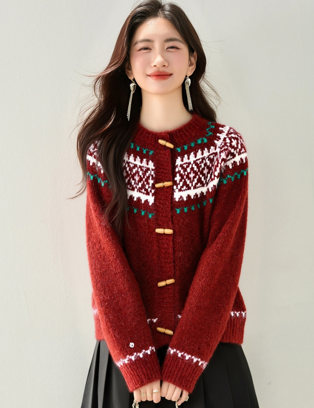 Winter slim christmas sweater horn buckle retro coat