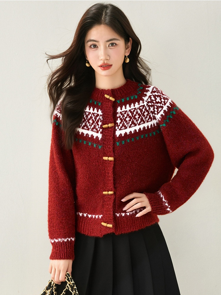 Winter slim christmas sweater horn buckle retro coat