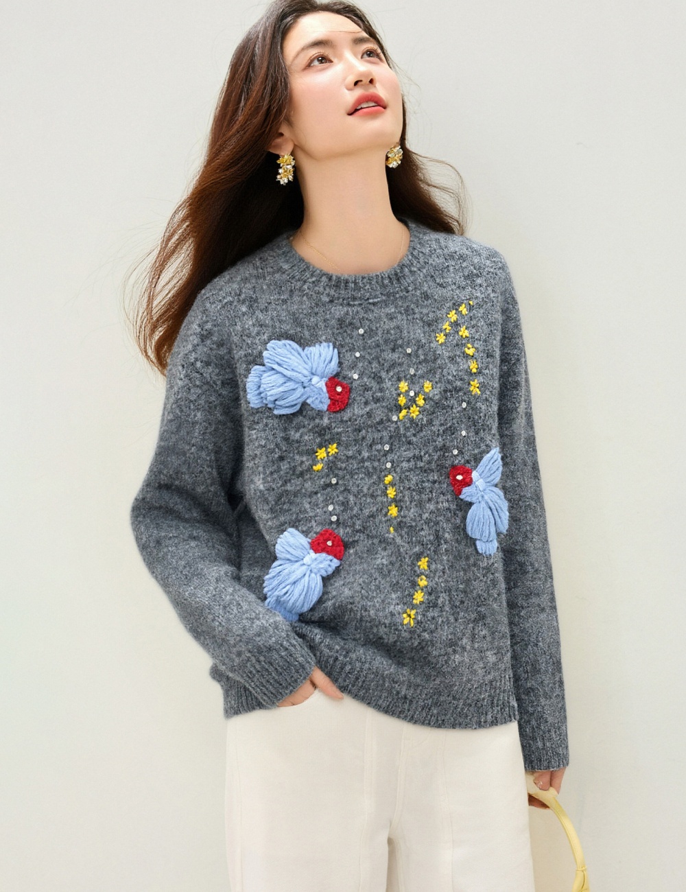 Embroidery goldfish tops pullover crochet sweater for women