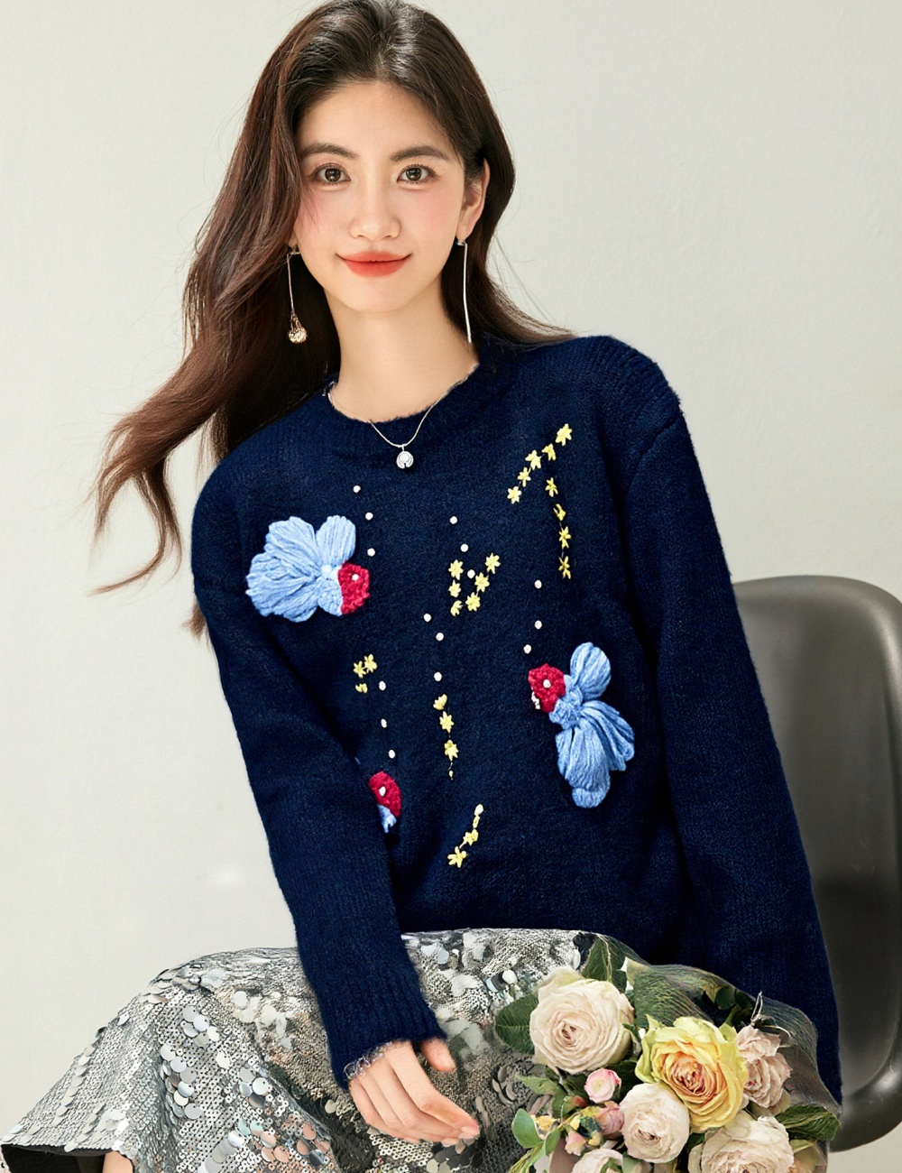 Embroidery goldfish tops pullover crochet sweater for women